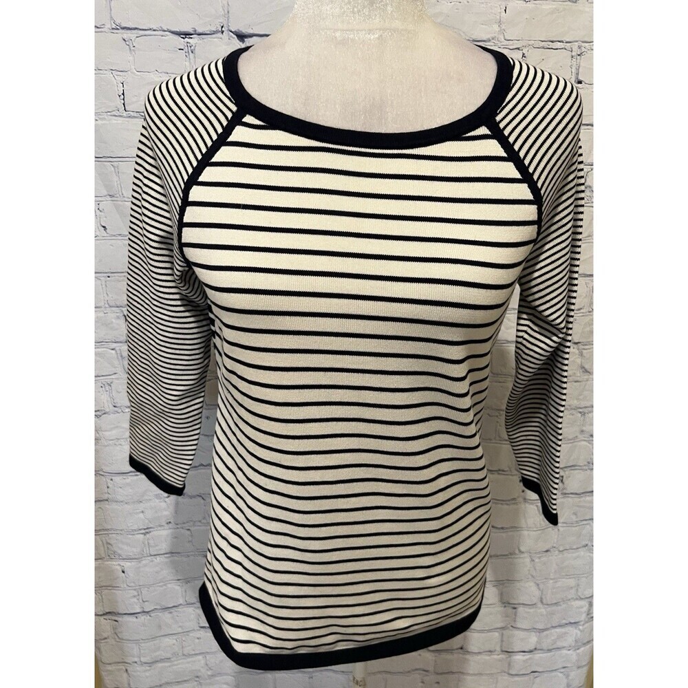 Talbots Tunic Sweater Women Black Cream Striped 3/4 Sleeve Knit Pullover Size SP